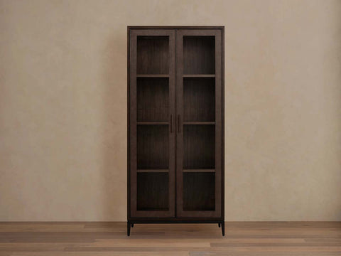 Malone Textured Leather Tall Display Cabinet with Minimalist Style Solid Wood Storage Cabinet with Glass Doors