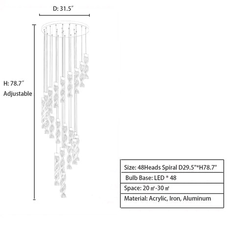 spiral, staircase, adjustable, acrylic, DNA, living room, indoor, extra large, chandelier, creative, luxury, wire, gold, LED, demension, round