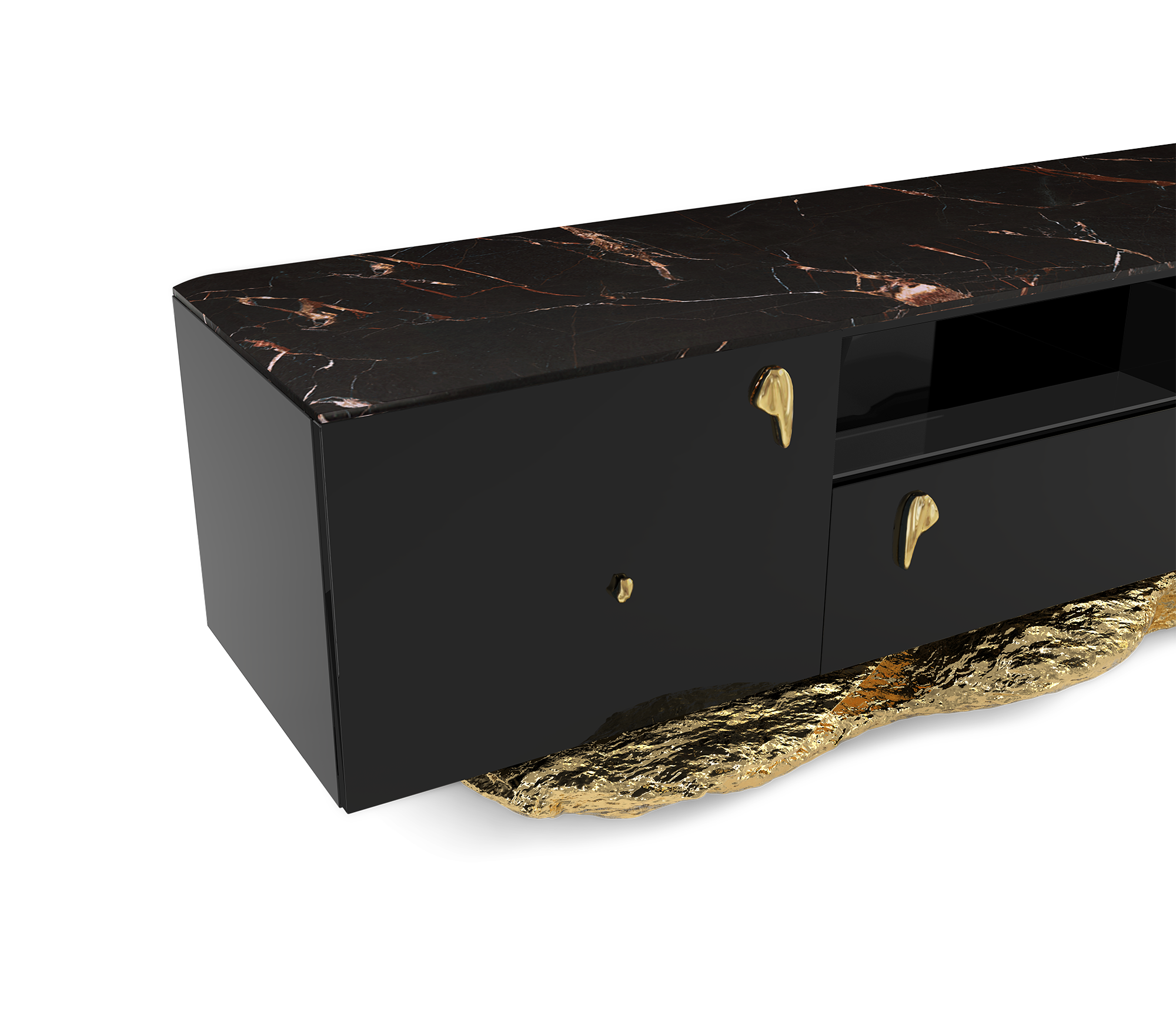 Black Gold Media Console with Marble Top and Hidden Storage