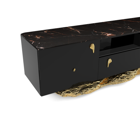 Black Gold Media Console with Marble Top and Hidden Storage