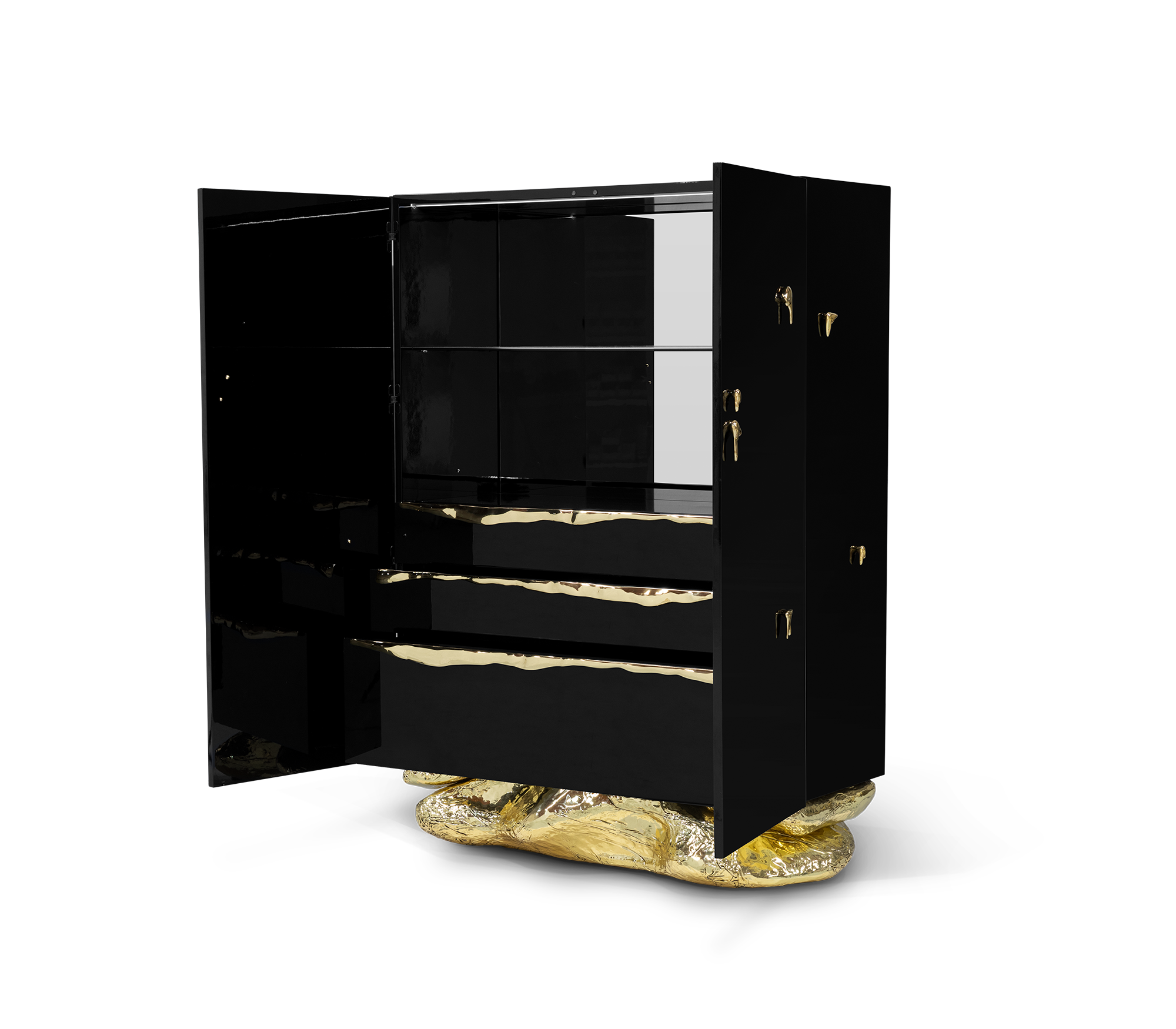 Brass Stone Black Sculptural Form Cabinet