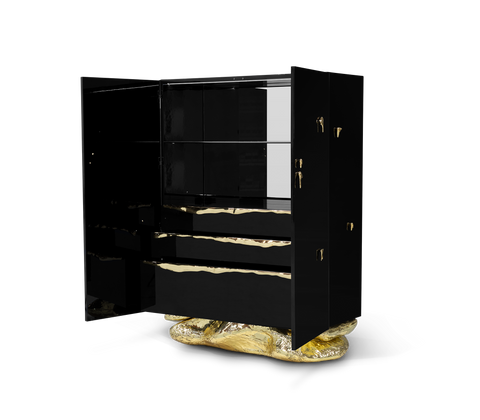 Brass Stone Black Sculptural Form Cabinet