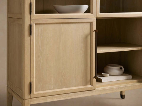 Hattie Glass Tall Display Cabinet Oak Wood Living Room Storage Cabinet