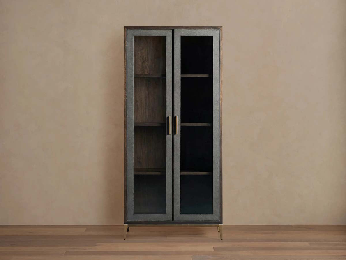 Malone Textured Leather Tall Display Cabinet with Minimalist Style Solid Wood Storage Cabinet with Glass Doors