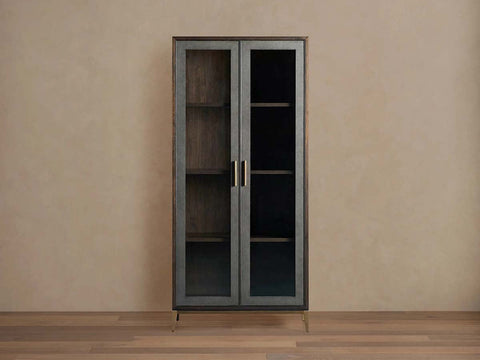 Malone Textured Leather Tall Display Cabinet with Minimalist Style Solid Wood Storage Cabinet with Glass Doors