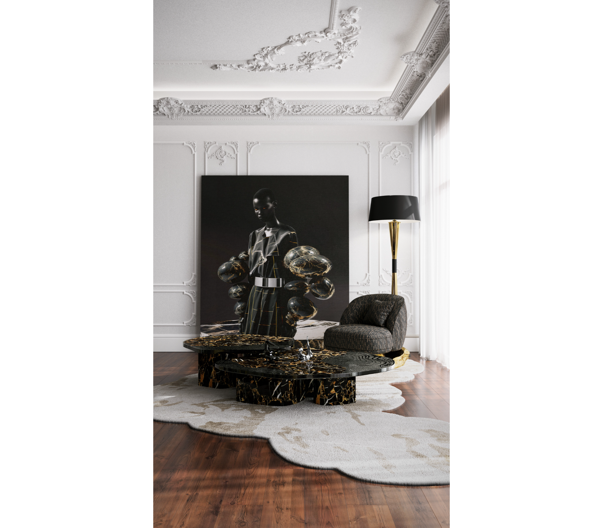 Stone Marble Black Sculptural Form Coffee Table