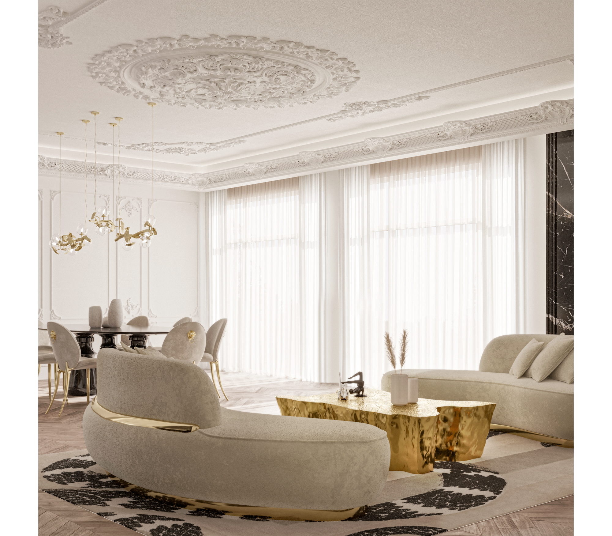 Brass Wood Sculptural Form Sofa
