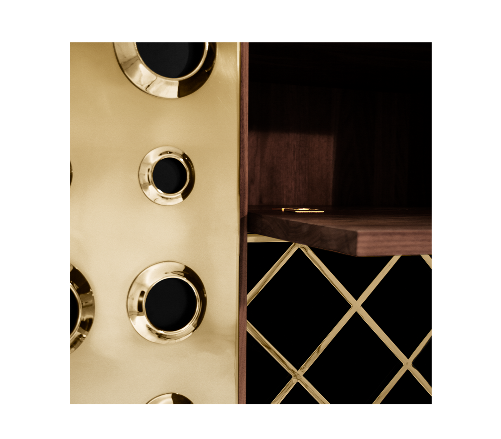 Walnut Bar Cabinet with Brass Accents and Hidden Storage