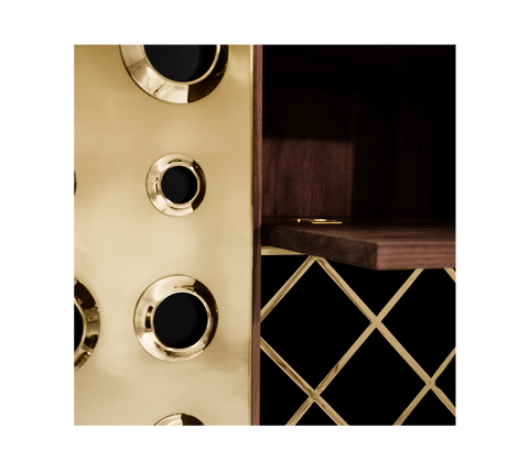 Walnut Bar Cabinet with Brass Accents and Hidden Storage