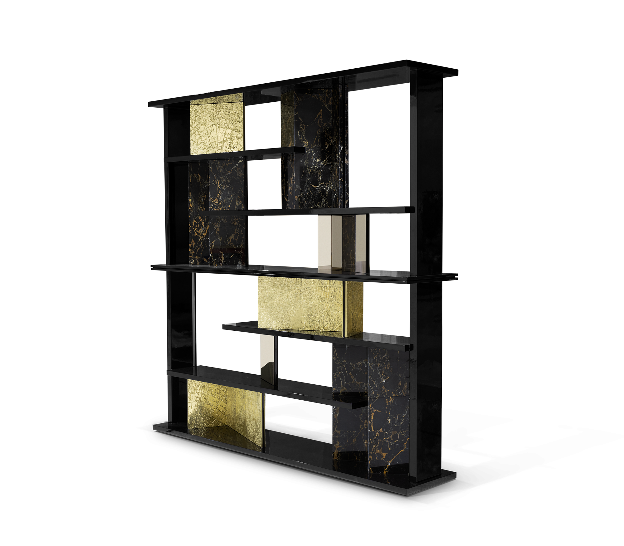 Double-Sided Bookcase with LED Lighting, Marble Shelves and