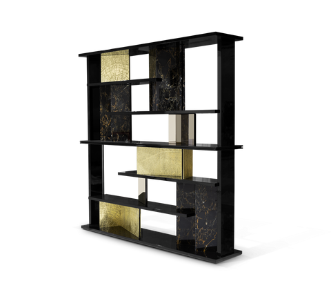 Double-Sided Bookcase with LED Lighting, Marble Shelves and