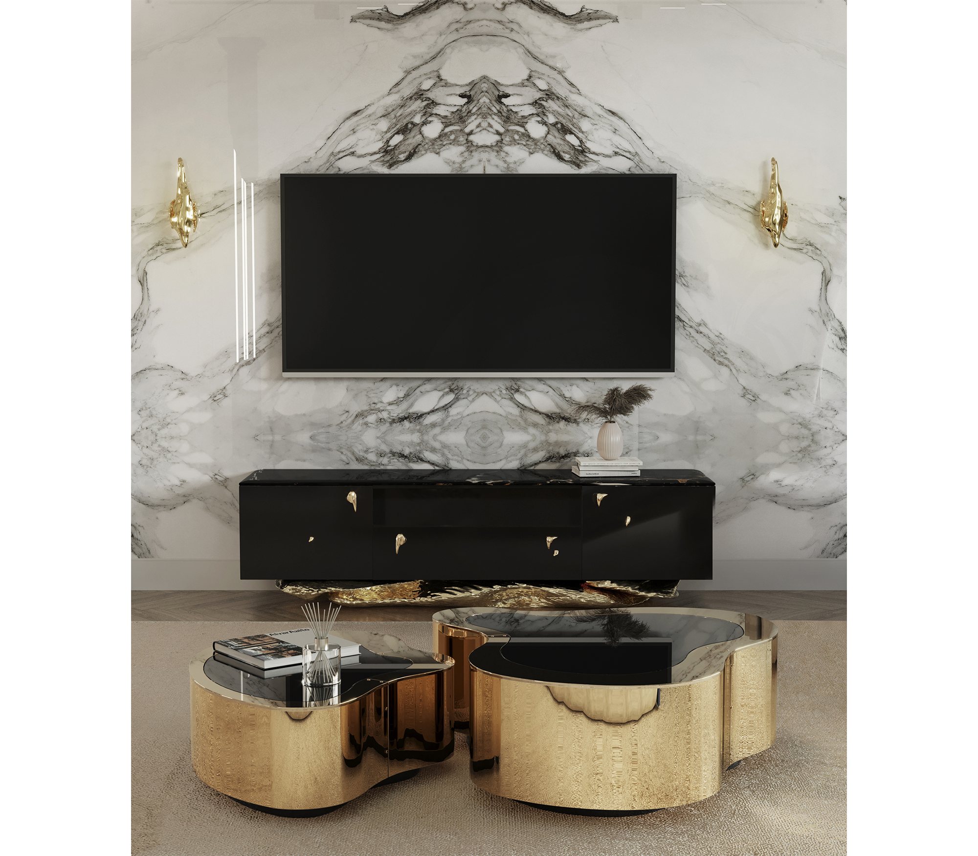 Black Gold Media Console with Marble Top and Hidden Storage