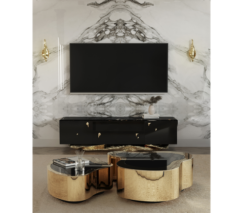 Black Gold Media Console with Marble Top and Hidden Storage
