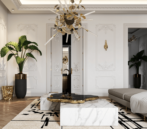 Luxury Sculptural Coffee Table Black & White High-Gloss Marble Finish