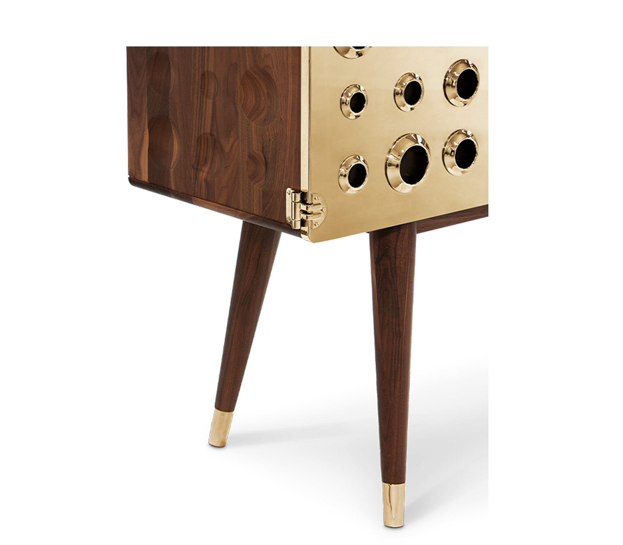Walnut Bar Cabinet with Brass Accents and Hidden Storage