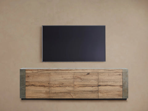 Telluride Media Console Oak with Oxidized Steel Rustic Living Furniture