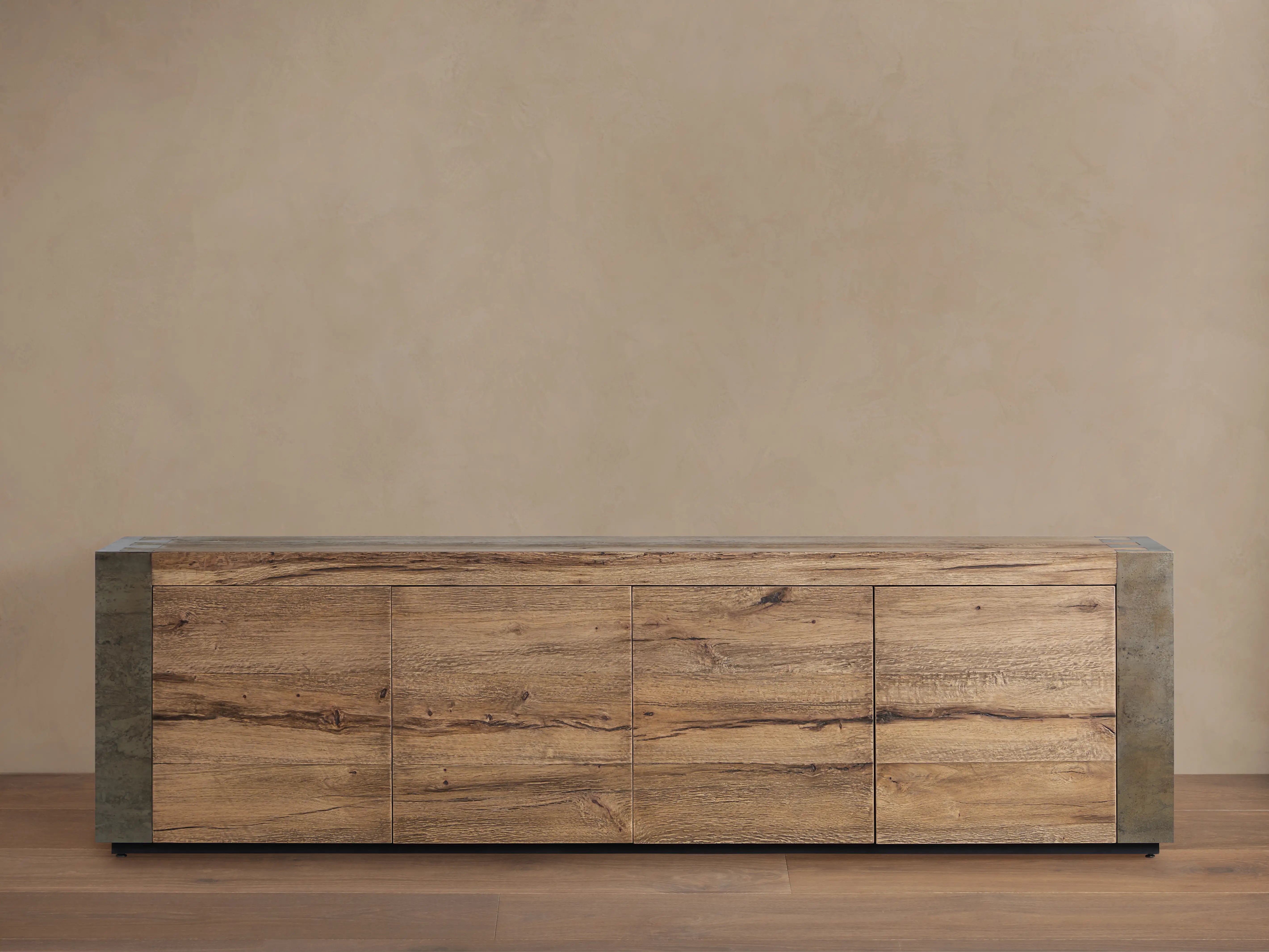 Telluride Media Console Oak with Oxidized Steel Rustic Living Furniture