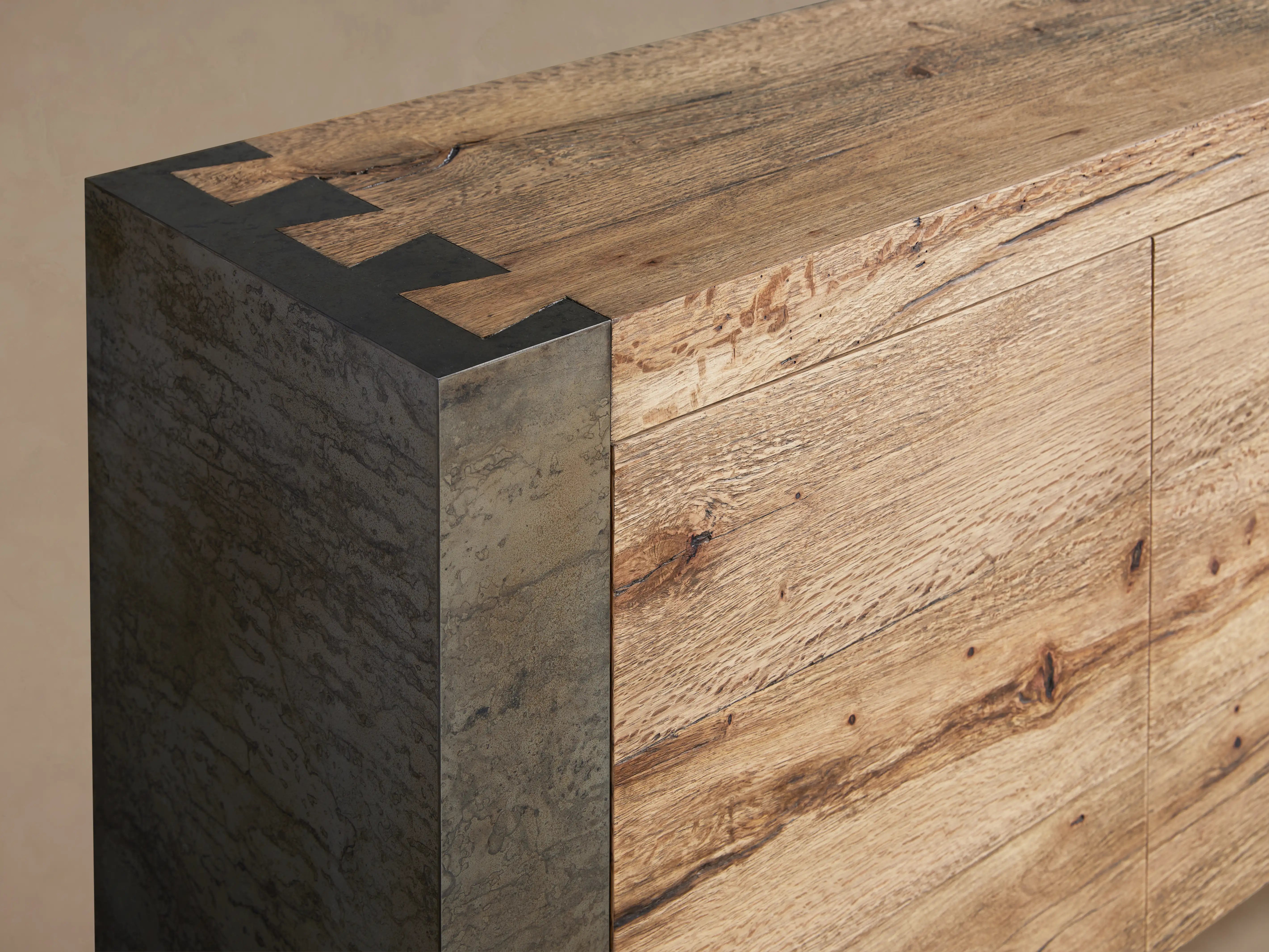 Telluride Media Console Oak with Oxidized Steel Rustic Living Furniture