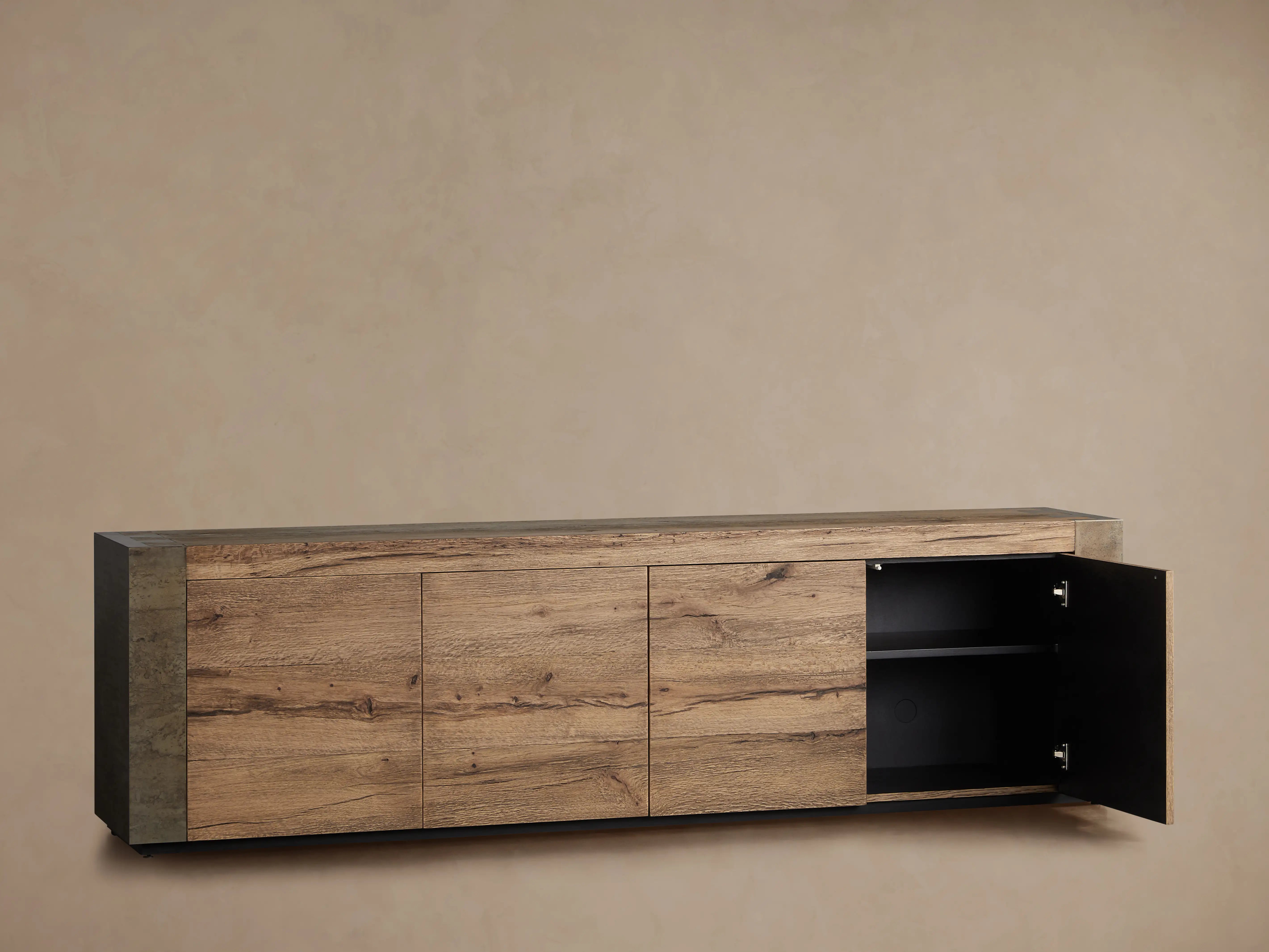 Telluride Media Console Oak with Oxidized Steel Rustic Living Furniture