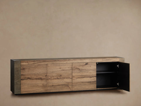 Telluride Media Console Oak with Oxidized Steel Rustic Living Furniture