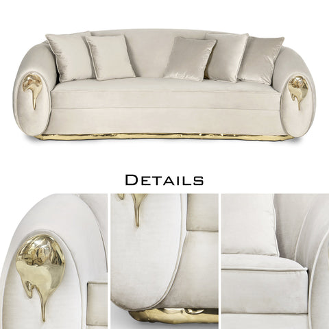 Brass Wood Sculptural Form Sofa Living Room