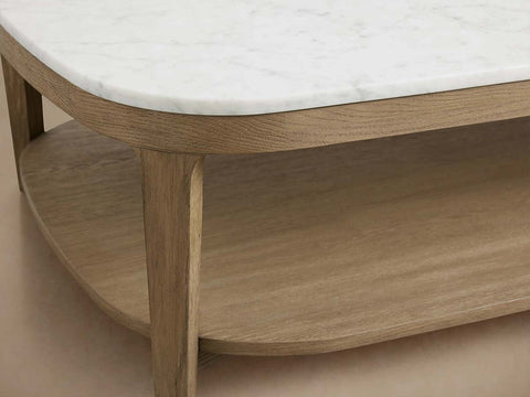 Danny Marble Top Coffee Table Oak Wood Cocktail Table Living Room Rectangle Center Tea Table