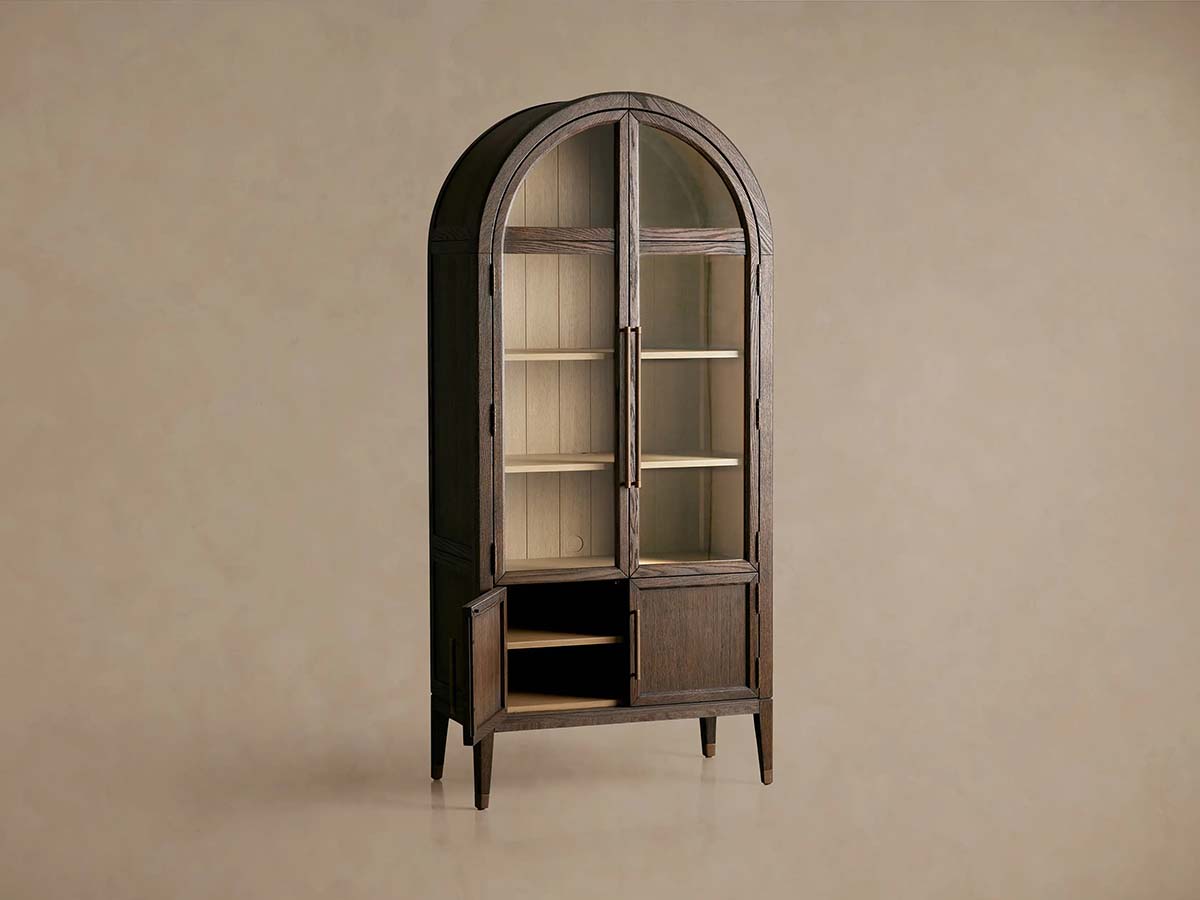 Hattie Glass Tall Display Cabinet with Oak Wood Living Room Storage Cabinet