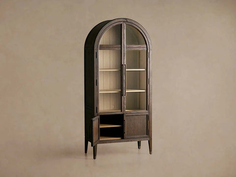 Hattie Glass Tall Display Cabinet with Oak Wood Living Room Storage Cabinet