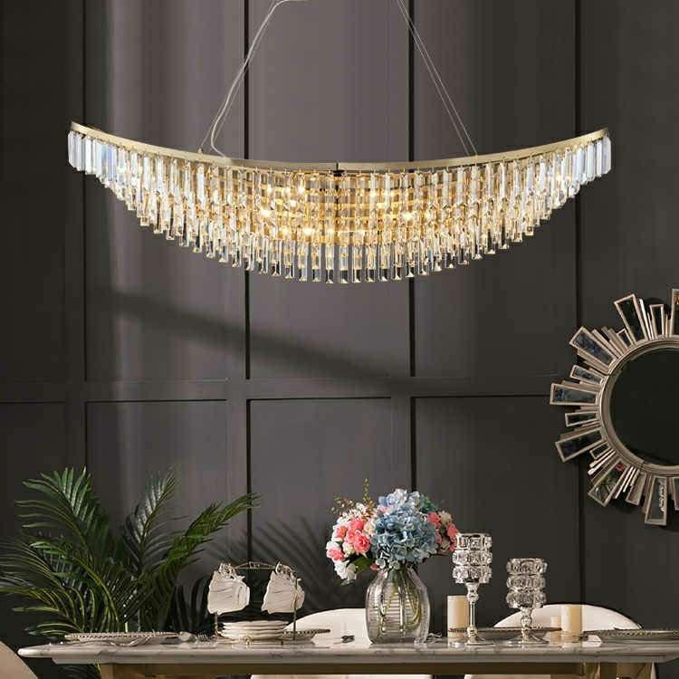 Boat Shaped LED Crystal Chandelier Oval Ceiling Light Fixture For Living/ Dining Room Table In Brass Finish