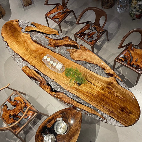 Epoxy Teak Oval Wood Dining Table