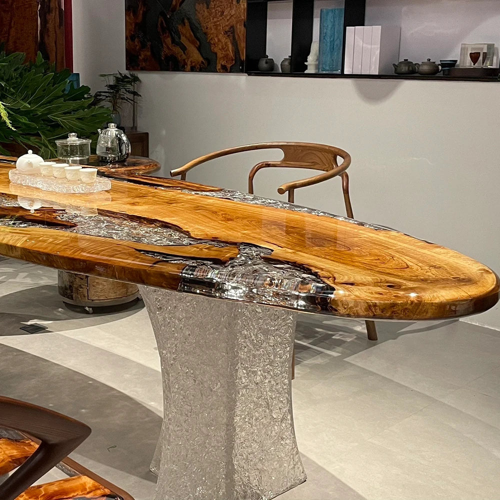 Epoxy Teak Oval Wood Dining Table