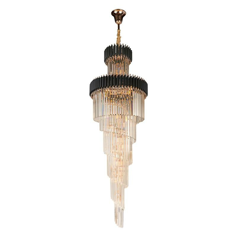 Oversized Customization D39.4"*H157.5" Vertical Long Crystal Shiny Bright Fabulous 2 Story Foyer Hallway Chandelier Spiral Staircase High Ceiling Lighting Fixture In Black/ Gold Finish