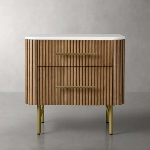Finnley Closed Nightstand Oak Wood with Marble Top Luxury Bedside Table
