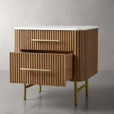 Finnley Closed Nightstand Oak Wood with Marble Top Luxury Bedside Table