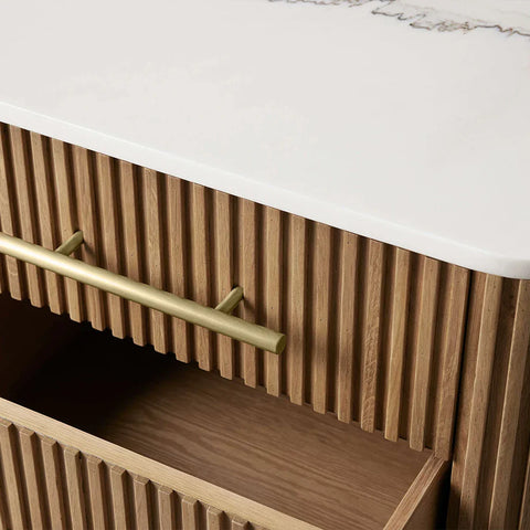 Finnley Closed Nightstand Oak Wood with Marble Top Luxury Bedside Table