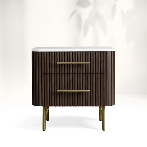 Finnley Closed Nightstand Oak Wood with Marble Top Luxury Bedside Table