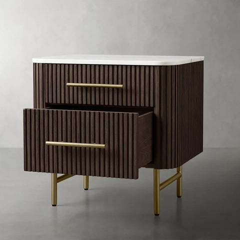 Finnley Closed Nightstand Oak Wood with Marble Top Luxury Bedside Table