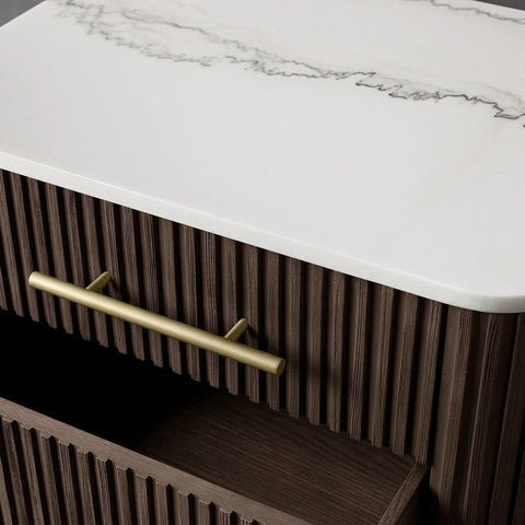 Finnley Closed Nightstand Oak Wood with Marble Top Luxury Bedside Table