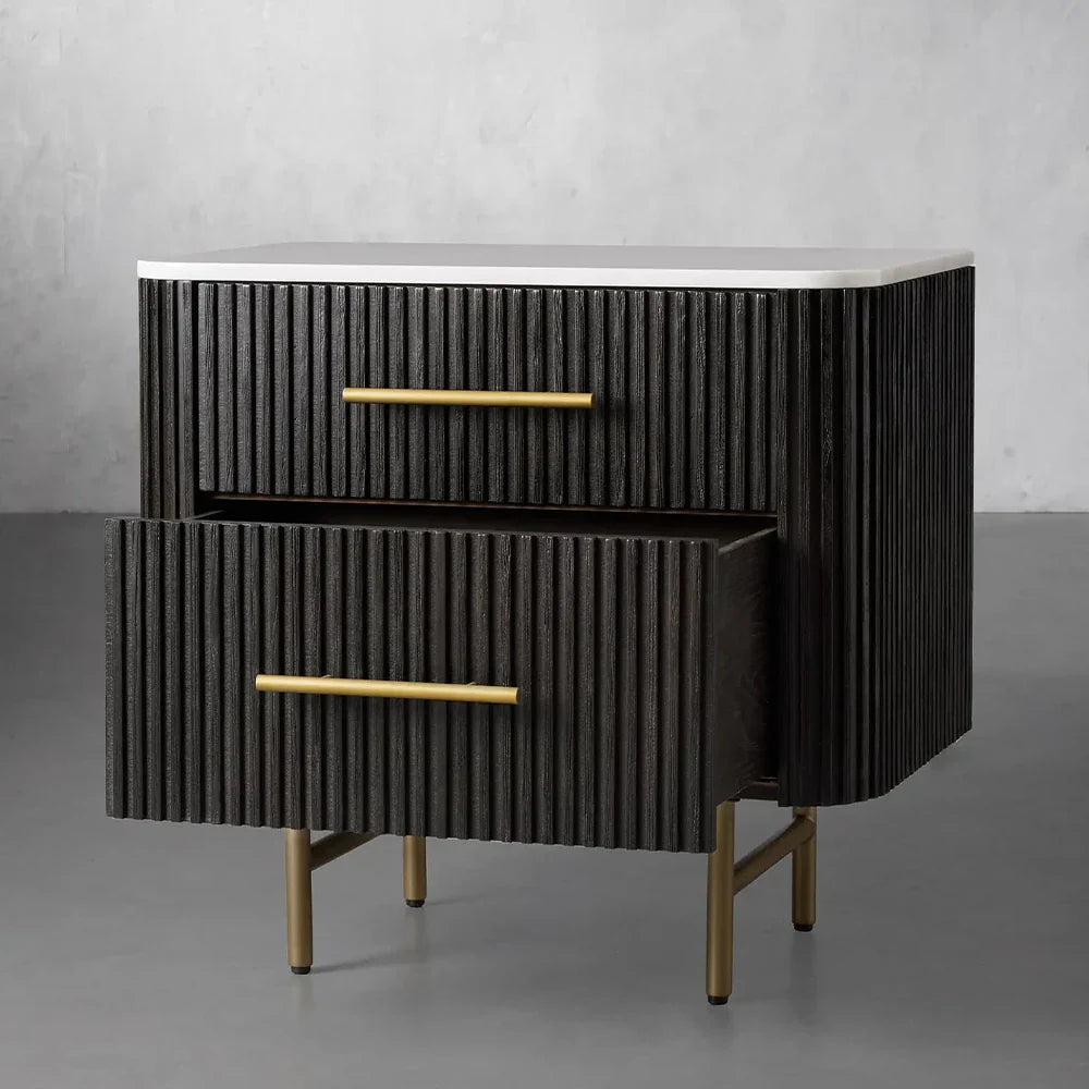 Finnley Closed Nightstand Oak Wood with Marble Top Luxury Bedside Table