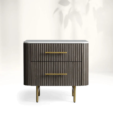 Finnley Closed Nightstand Oak Wood with Marble Top Luxury Bedside Table