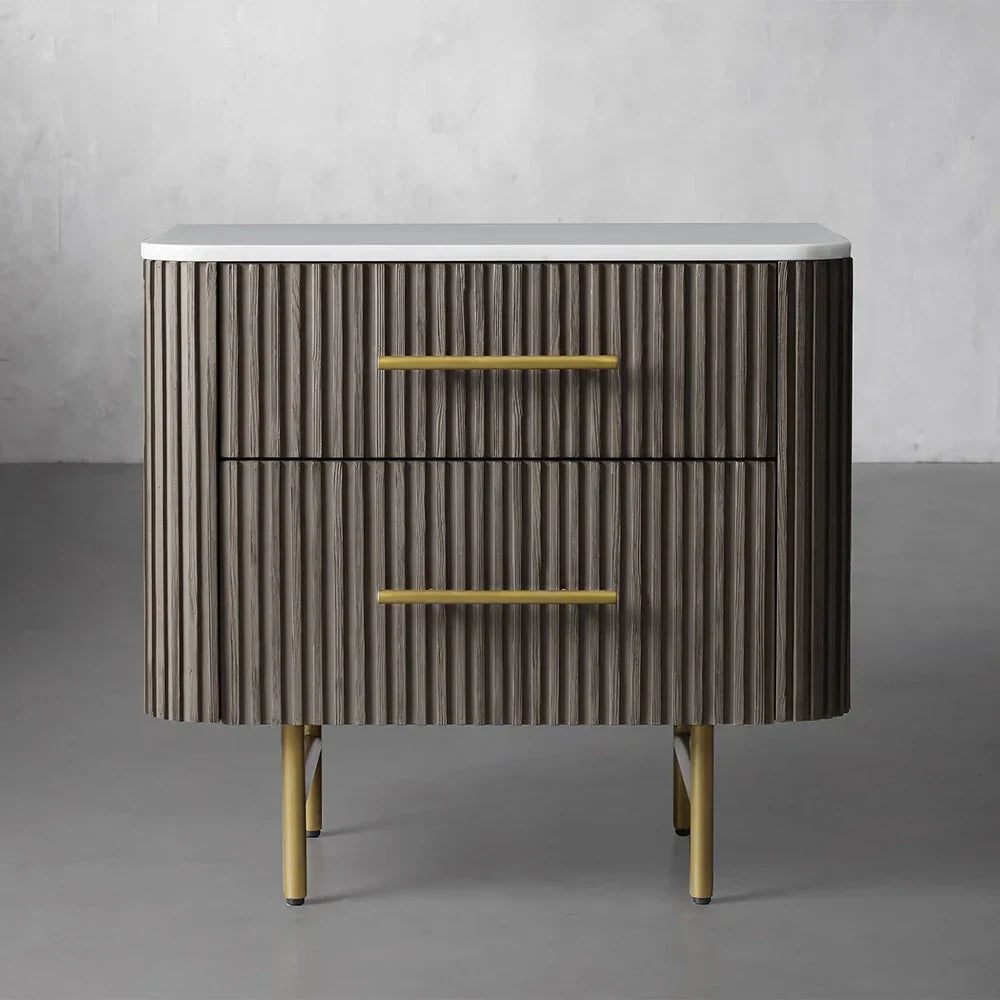 Finnley Closed Nightstand Oak Wood with Marble Top Luxury Bedside Table