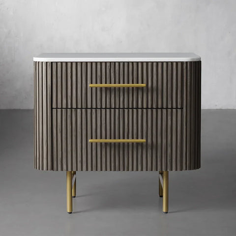 Finnley Closed Nightstand Oak Wood with Marble Top Luxury Bedside Table