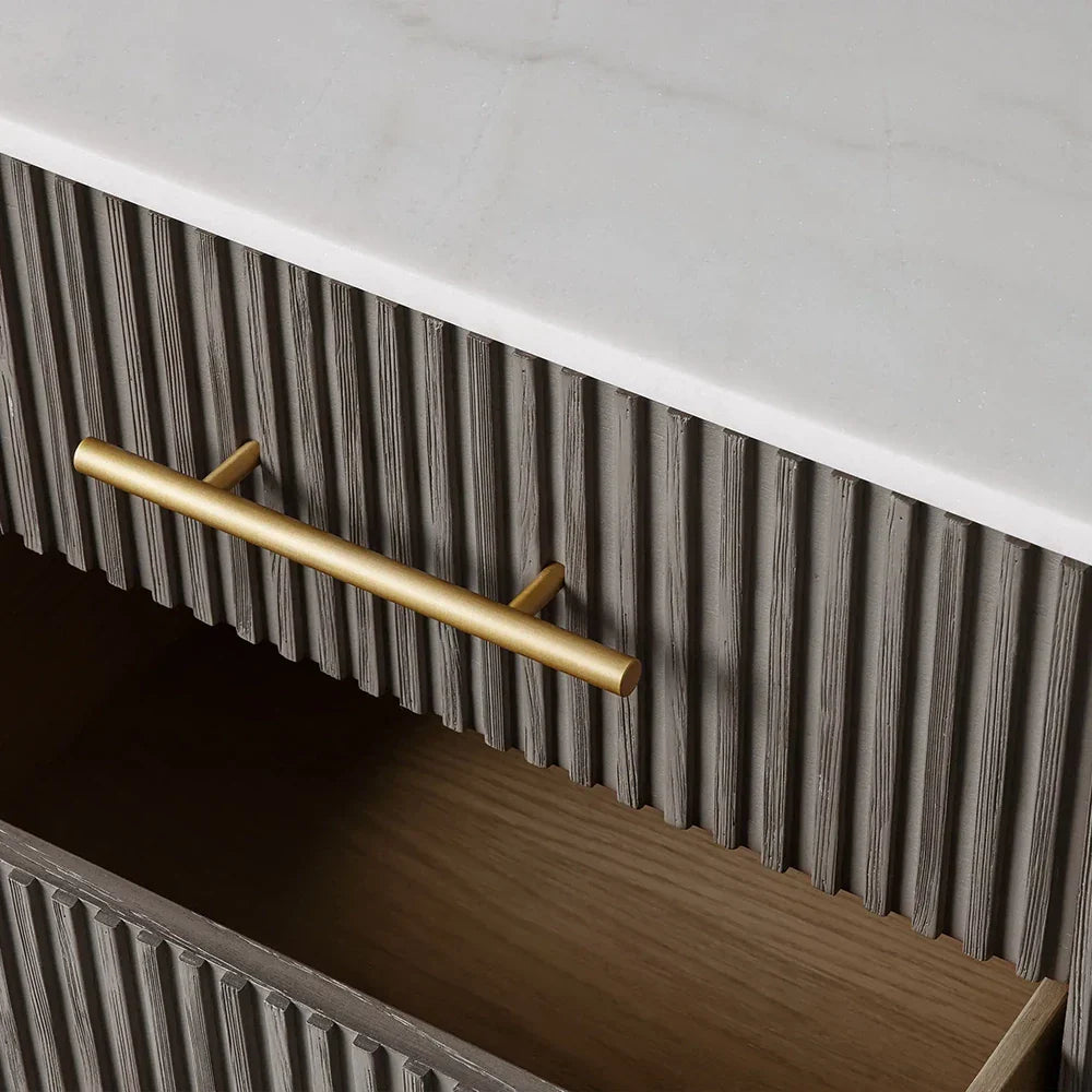 Finnley Closed Nightstand Oak Wood with Marble Top Luxury Bedside Table