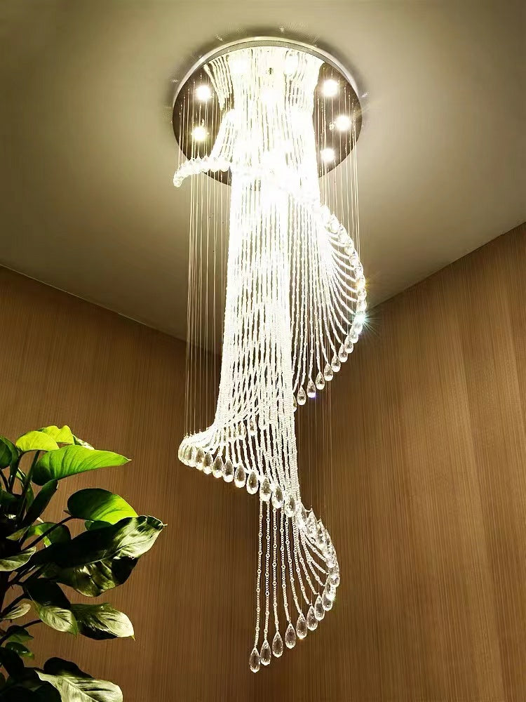 Flush Mounted Spiral Crystal Drops Chandelier Round LED Ceiling Lighting Fixture For Foyer Staircase/ Hotel Entrance