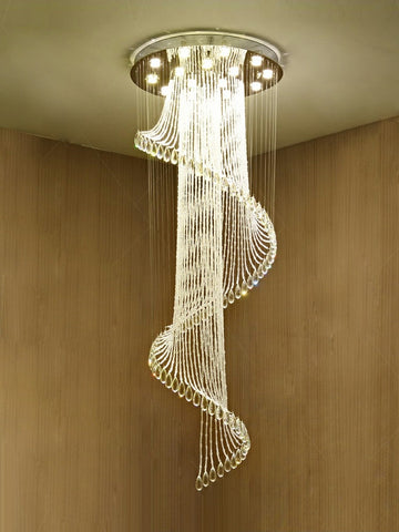 Flush Mounted Spiral Crystal Drops Chandelier Round LED Ceiling Lighting Fixture For Foyer Staircase/ Hotel Entrance