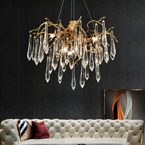 French Style Living Room Branch Crystal Drops Chandelier Modern Copper Gold Finish Dining Room Ceiling Lighting Fixture