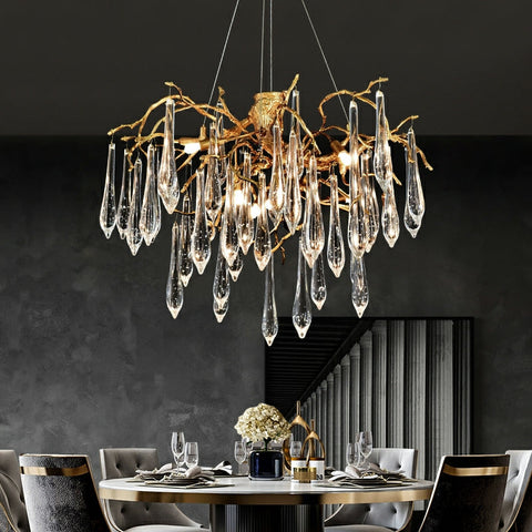 French Style Living Room Branch Crystal Drops Chandelier Modern Copper Gold Finish Dining Room Ceiling Lighting Fixture