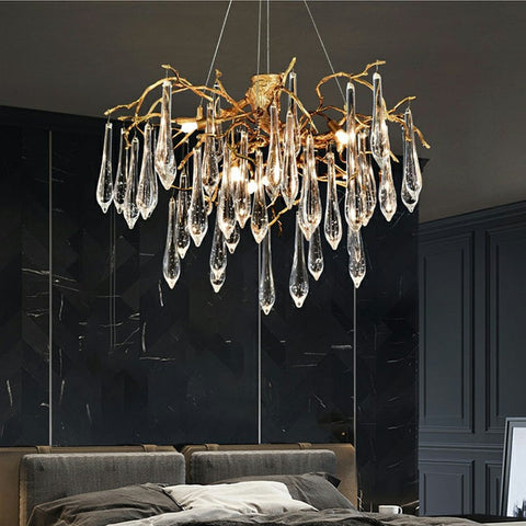 French Style Living Room Branch Crystal Drops Chandelier Modern Copper Gold Finish Dining Room Ceiling Lighting Fixture