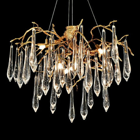 French Style Living Room Branch Crystal Drops Chandelier Modern Copper Gold Finish Dining Room Ceiling Lighting Fixture