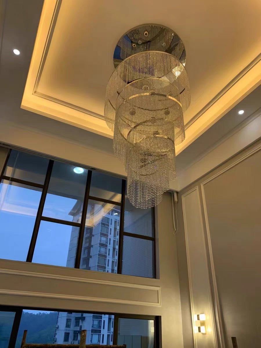 Chrome Stainless Steel Crystal Chandelier Large High Ceiling Light Fixture For Staircase Entrance